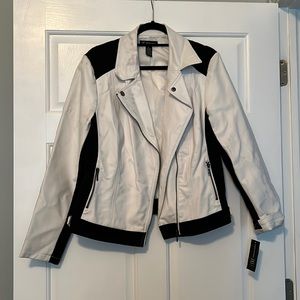 White and black faux leather jacket. photos look silver but it’s white